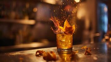 Drink on Fire A Fiery Cocktail Garnished with Orange Peel Sparks. photo