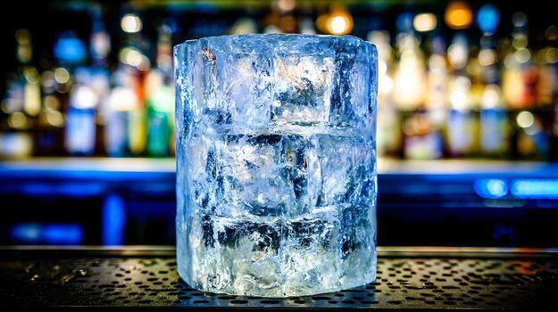 Clear Ice Block on Bar Surface with Bokeh Lights. photo