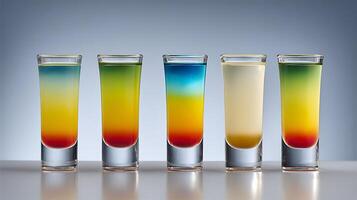 Five colorful layered shots lined up on a reflective surface. photo