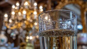 Bubbling champagne in a glass with a luxurious bokeh background. photo