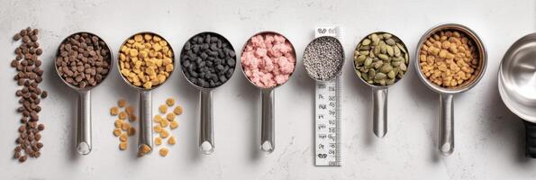 Variety of Cat Food Displayed in Measuring Cups Showing Different Flavors and Ingredients Laid out on a Clean Surface photo