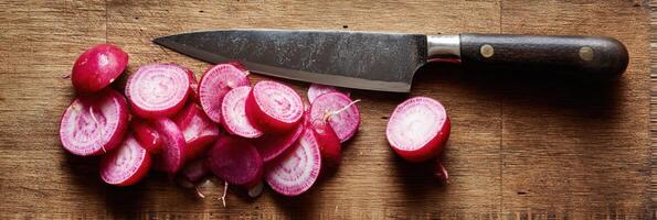 Knife Rests on a Wooden Surface Next to Sliced Radishes Arranged Artfully During Meal Preparation photo