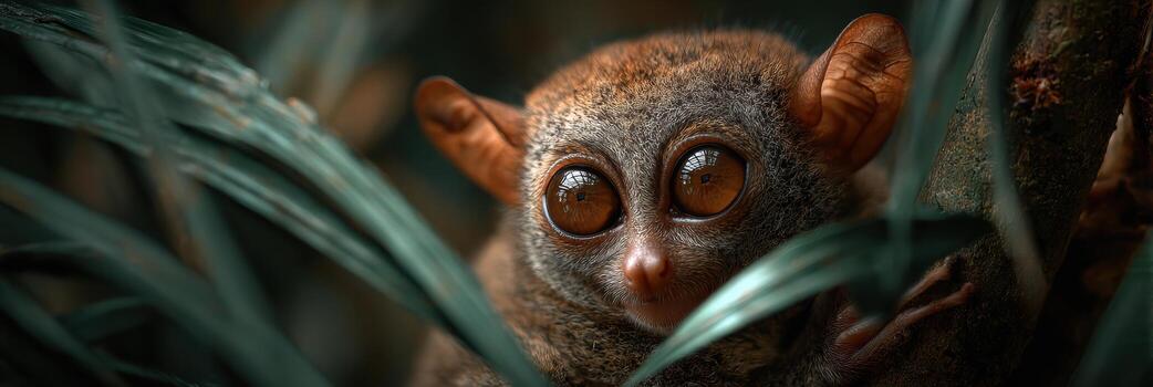 Tarsier With Wide Eyes Observes Its Surroundings in Twilight Forest Hues Surrounded by Soft Foliage and an Inviting Space for Text Above photo