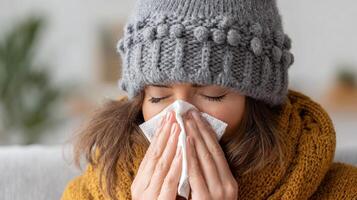 Woman in Knitted Hat Blowing Nose Indoors While Wearing Warm Sweater During Cold Season photo