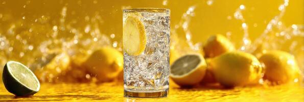 Sparkling Lemon Soda Glass With Citrus Burst Behind, Refreshing Summer Beverage for a Modern Food Advertisement photo