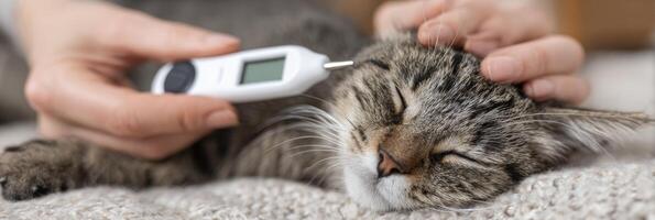Veterinarian Measures Temperature of Relaxed Cat in Cozy Indoor Setting During a Routine Health Check photo