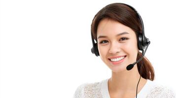 Customer Support Agent Wearing Headset Smiles in Bright Workspace During Interaction With Clients photo