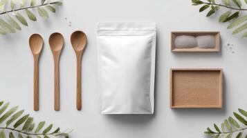 Minimal Packaging Pouch Mockup With Natural Props for Product Presentation in a Clean Layout photo