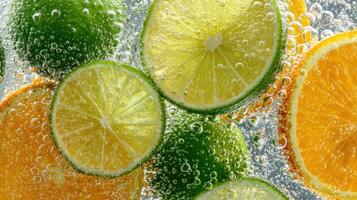 Refreshing Citrus Mix Submerged in Fizzy Soda Bubbles Creates a Vibrant and Lively Drink photo
