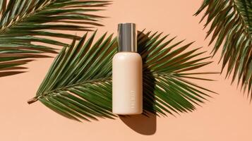 Beige Skincare Product Bottle on Palm Leaf Against a Peach Background Creating a Fresh and Natural Aesthetic photo