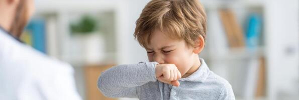 Bright Pediatric Office Features Child Sneezing Into Elbow While Visiting Doctor for Routine Checkup During Daytime photo