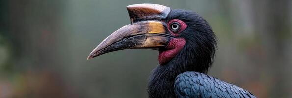 Helmeted Hornbill Perched in a Misty Rainforest, Showcasing Its Striking Profile and Vibrant Colors Against a Soft, Blurred Backdrop photo
