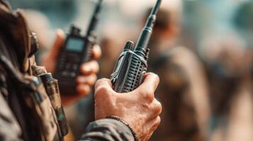 Teamwork in Action With a Man Using a Walkie-Talkie for Communication in a Busy Environment During a Coordination Effort photo
