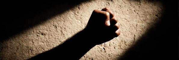 Clenched Fist Silhouette Casting a Long, Harsh Shadow on a Textured Surface During Late Afternoon Light photo