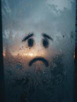Sick Emoji Face Drawn on a Steamed Glass Window With Moody Tones and an Empty Left Part During a Cloudy Sunrise photo