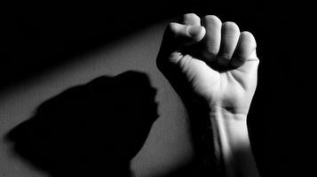 Clenched Fist Silhouette Casting a Harsh Shadow on a Wall During Evening Light photo