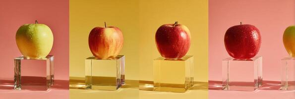 Vibrant Apples Resting on Transparent Blocks Against a Colorful Backdrop, Showcasing a Clean Studio Setting photo