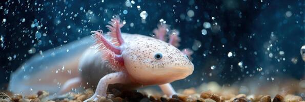 Colorful Axolotl Swimming in Clear Water With Bubbles and Clean Gravel Surroundings in a Serene Aquatic Habitat photo