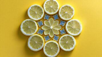 Lemon Wedges Arranged in an Intricate Mandala Pattern on a Bright Yellow Background, Creating a Vibrant and Fresh Visual Display photo