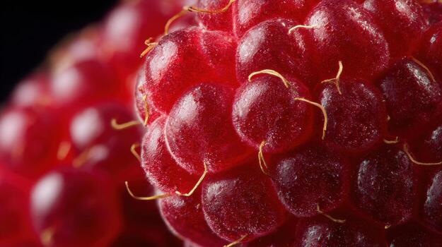 Close-up View of Raspberry Showcasing Intricate Macro Structure With Vivid Detail and Vibrant Color on Right Side photo