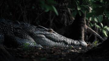 Salty Crocodile Rests in the Shadows of Mangroves Under Ambient Dark Light With a Serene Atmosphere photo
