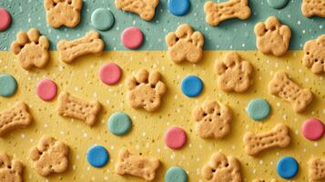 Bright and Cheerful Arrangement of Dog Treats With Playful Colors on a Dotted Background photo