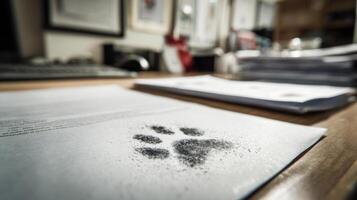 Paw Print Left on Clean Paperwork With a Tidy Desk and Office Environment in the Background photo