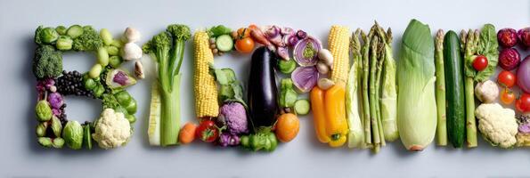 Creative Arrangement of Fresh Vegetables Forming the Word Health in an Artistic Display on a Light Background at a Local Market photo