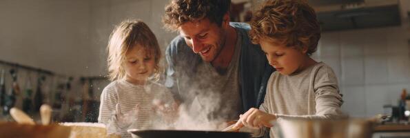 Father Enjoys Cooking With Kids, Creating Joyful Memories in a Messy Kitchen at Home During a Sunny Afternoon photo
