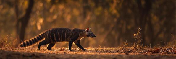African Civet Walks Through Golden Light in a Serene Forest Setting During Sunset Hours photo