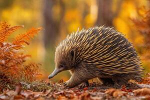 Spiny Echidna Exploring a Woodland Environment Adorned With Warm Autumn Colors photo
