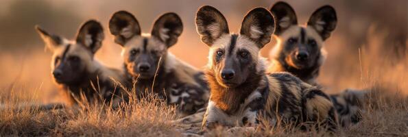Warm Afternoon Light Envelops African Wild Dog Pack Resting in Tall Grass During Peaceful Moment photo