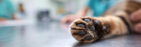 Close-up of Cat Paw Held Gently by Vet at Medical Table in Animal Clinic Setting photo