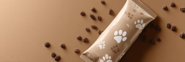 Stylized Pet Food Package Design Featuring Paw Prints and Branding Space on a Beige Background photo