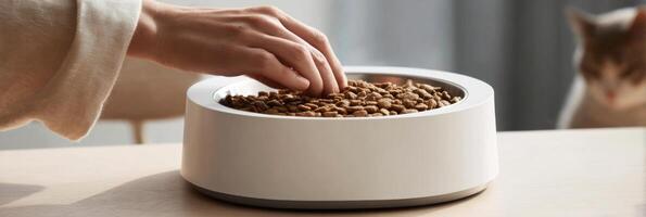 Pet Owner Pours Dry Food Into Modern Bowl While Cat Observes the Feeding Process in a Well-Lit Home Setting photo