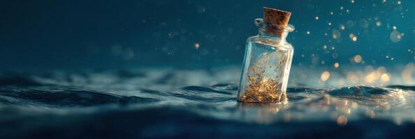 Hand-drawn Message in a Bottle Floats Serenely on Water Under Dreamy Lighting photo