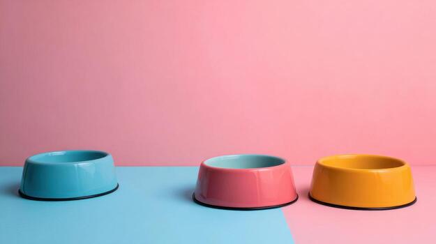 Creative Setup of Pet Bowls Against a Pastel Background With Ample Space Above for Custom Text or Design Elements photo