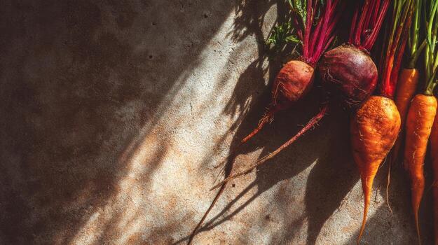 Freshly Harvested Beets and Carrots Arranged on Textured Surface With Gentle Shadows Creating a Natural Earthy Layout Suitable for Culinary Use photo