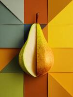 Abstract Pear Slice Arranged in Geometric Tiles With Vibrant Colors Showcasing a Unique Design and Clean Background photo