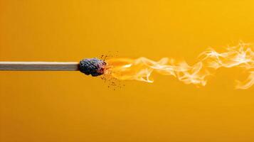 Burning Fuse in Motion Creates Smoke Against a Vibrant Yellow Backdrop Highlighting the Energy of Combustion and Transformation photo