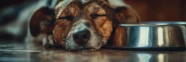 Reflection of a Dog Resting Beside a Stainless Bowl on a Blurred Floor in a Cozy Indoor Setting During the Day photo