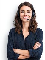 Customer Support Agent Wearing Headset, Smiling Confidently, With Positive Demeanor in Friendly Office Environment photo