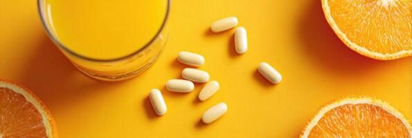 Bright Kitchen Layout Showcasing Vitamin C Pills Next to a Glass of Orange Juice and Sliced Oranges During Daylight Hours photo