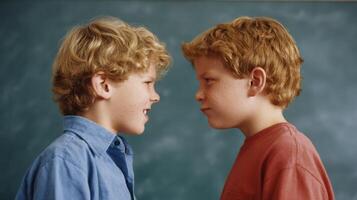 Conflict and Bullying Comparison Among Young Children Showcasing Emotional Tension and Differing Expressions in a Classroom Setting photo