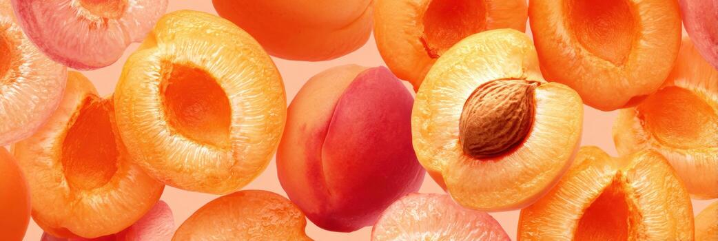 Peach and Apricot Halves Arranged in a Seamless Pattern With Untouched Section in the Top-Right Corner photo