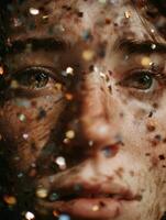 Confetti of Scattered Goals and Worries Dances Across a Face in an Artistic Display of Emotion and Reflection During a Quiet Moment photo