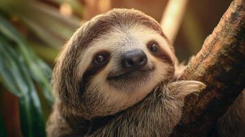 Sloth Embraces Tree Branch in Warm Rainforest Atmosphere With Lush Green Surroundings and Tranquil Vibes photo