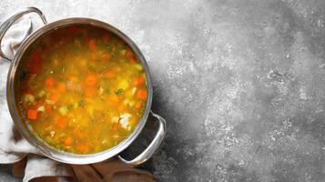 Pot of Chicken Soup Simmering on Kitchen Counter, Inviting Aromas Fill the Air in a Cozy Home Setting photo