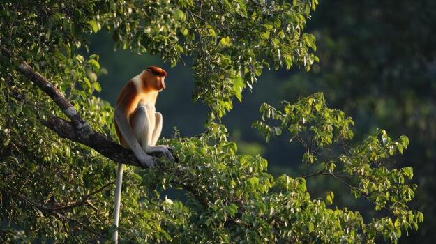 Proboscis Monkey Resting on Tree Branch Overlooking River in Evening Light photo