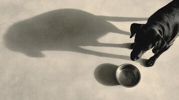 Black Labrador Stands Beside an Empty Bowl With a Shadow Shaped Like Food on a Minimal Surface in Soft Lighting photo